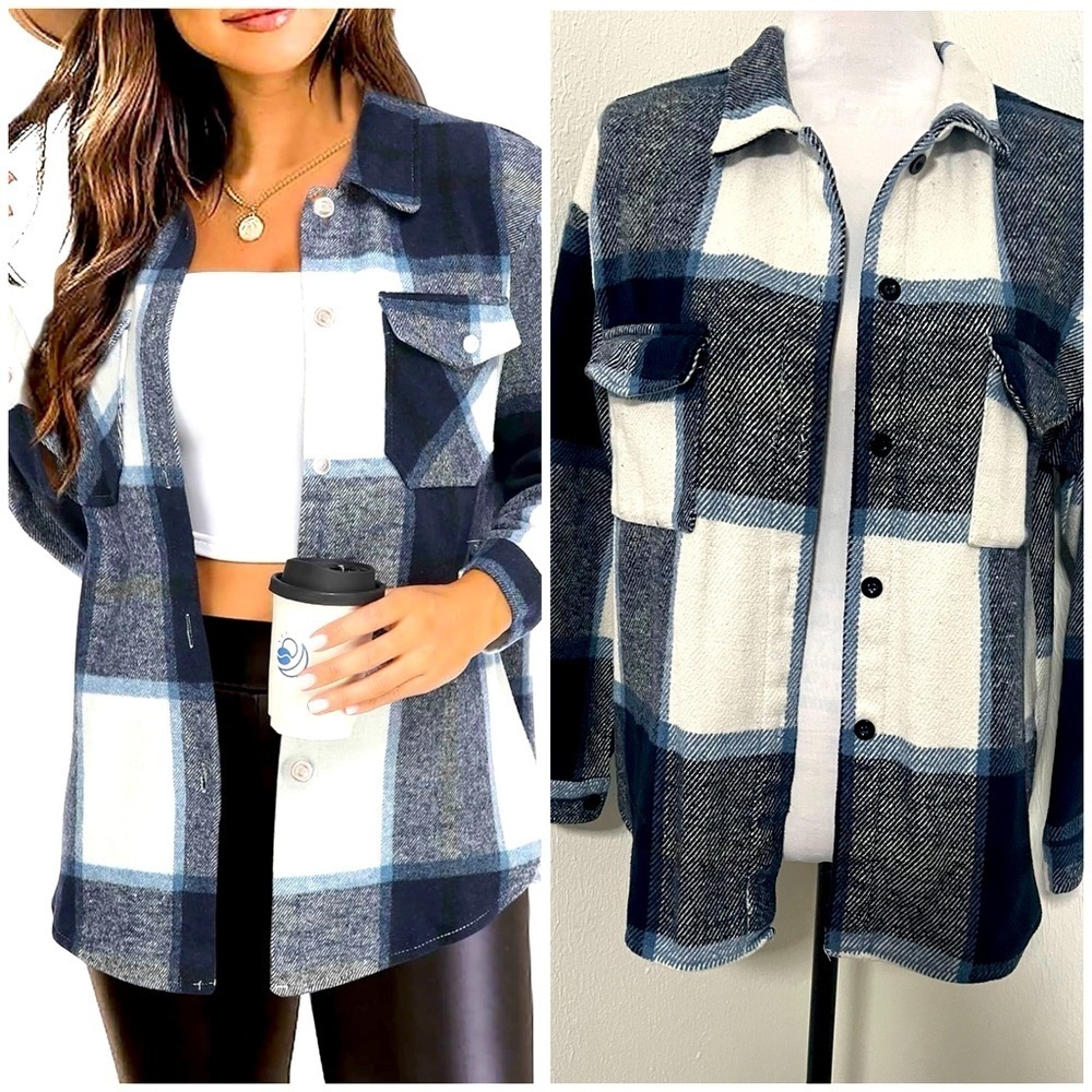 Flannel Plaid Shacket Small Button Down Jacket Coat Long Sleeve With Pocket EUC